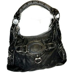 Wilson's Black Rivet Black Gray Leather Shoulder Purse Silver Hardware & Beads
